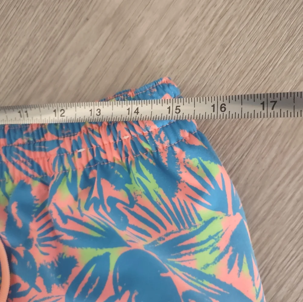 Chubby's Pink/ Turquoise Palms Drawstring Elasticized Waist Zip Swim Sho…